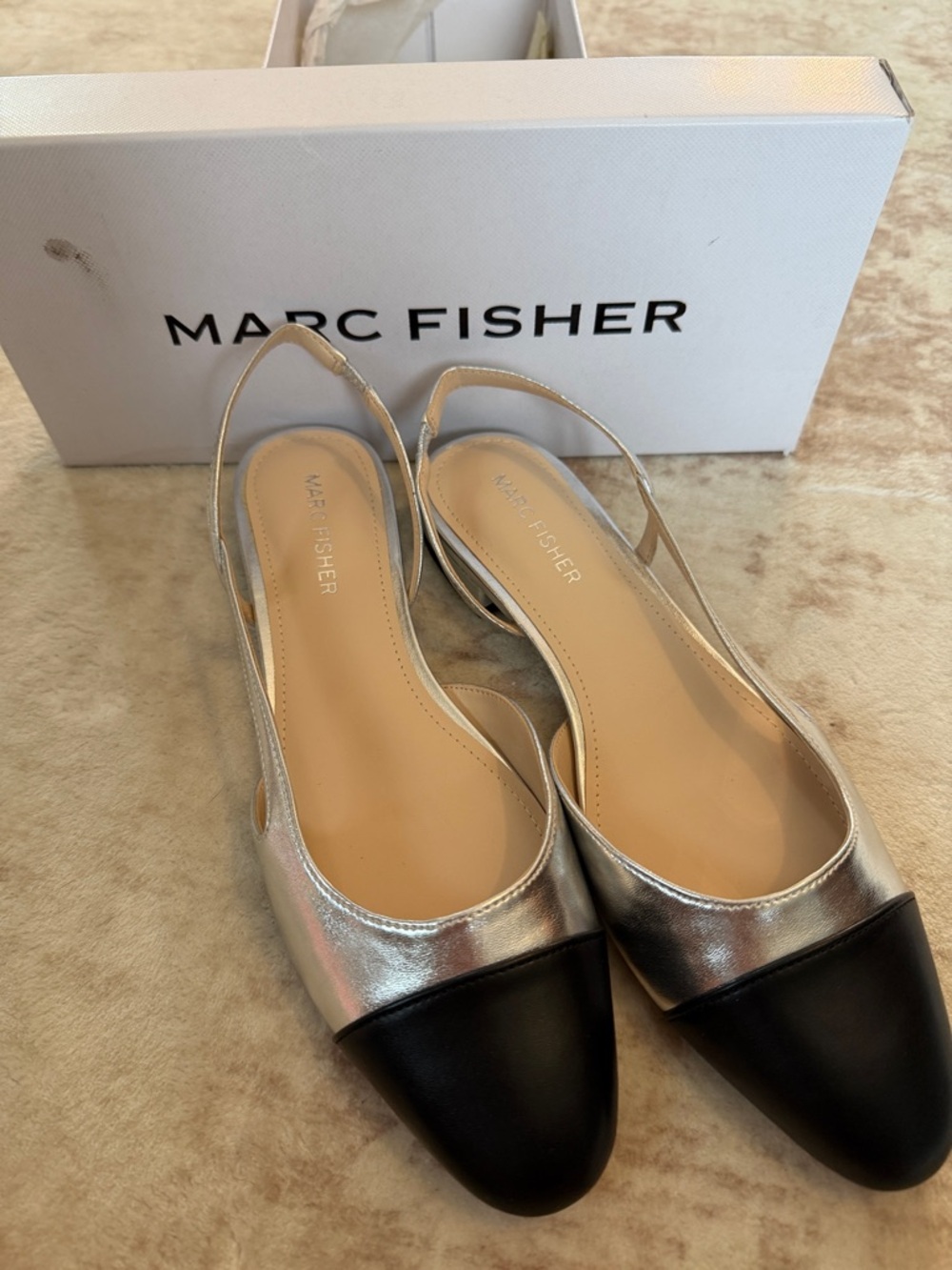Marc Fisher Two-Tone Slingback Flats in Silver and Black